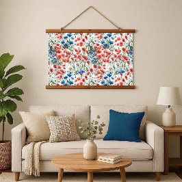 Watercolor Wildflower Poppy Daisy Wood Tapestry 吊り下げ型タペストリー