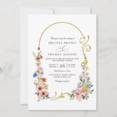Watercolor Wildflower Spring Arch QR Code Wedding 招待状 (正面)