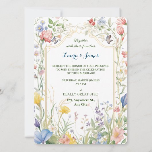 Watercolor Wildflower Spring Garden Floral Wedding 招待状 (正面)