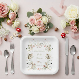 Watercolor Wildflower Woodland Animals Baby Shower ペーパープレート