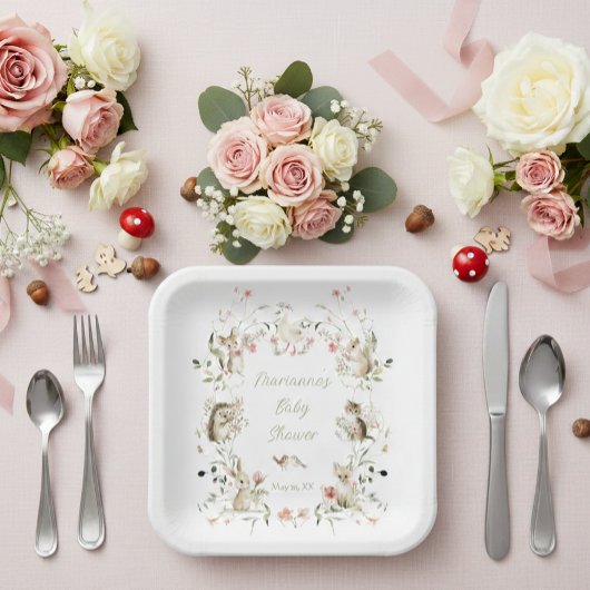 Watercolor Wildflower Woodland Animals Baby Shower ペーパープレート
