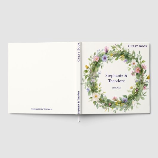 Watercolor Wildflower Wreath Personalized Wedding ゲストブック (全面)