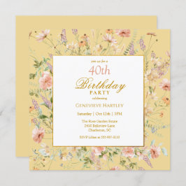 Watercolor Wildflowers 40th Yellow Birthday 招待状