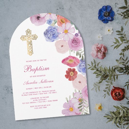 Watercolor Wildflowers Arch Baptism 招待状