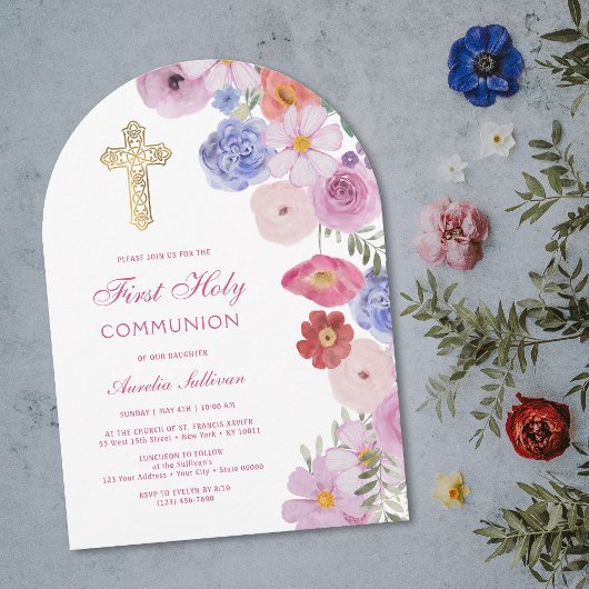 Watercolor Wildflowers Arch First Communion 招待状