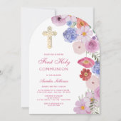 Watercolor Wildflowers Arch First Communion 招待状 (正面)