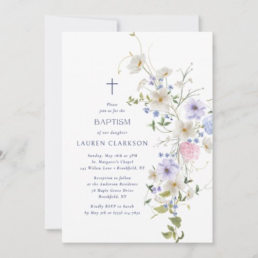 Watercolor Wildflowers Baptism Invitation 招待状 (正面)