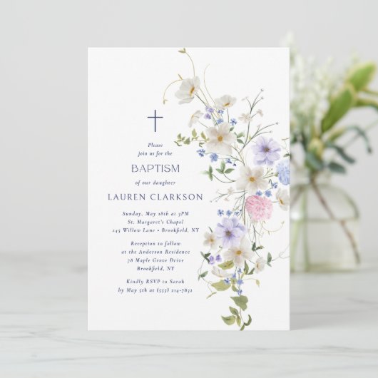 Watercolor Wildflowers Baptism Invitation 招待状 (スタンド正面)
