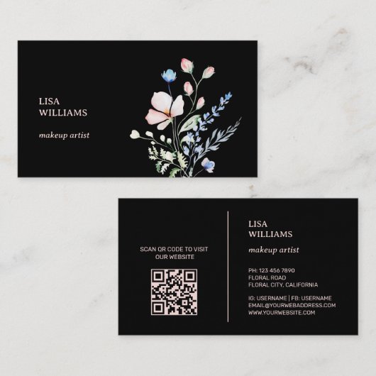 Watercolor Wildflowers Black 名刺 (正面/裏面)