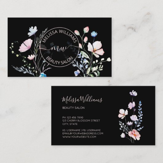 Watercolor Wildflowers Black Mauve 名刺 (正面/裏面)
