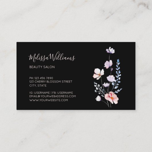 Watercolor Wildflowers Black Mauve 名刺 (裏面)