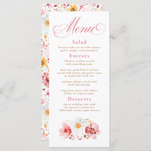 Watercolor Wildflowers Elegant Boho Wedding Menu メニュー (正面/裏面)