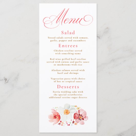 Watercolor Wildflowers Elegant Boho Wedding Menu メニュー (正面)