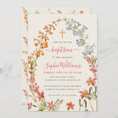 Watercolor Wildflowers Floral Girl Baptism 招待状 (正面/裏面)