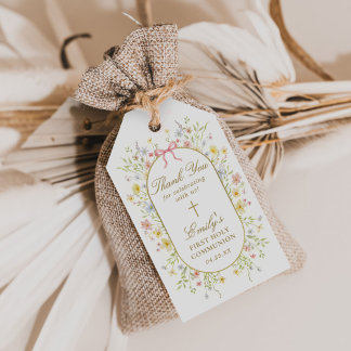 Watercolor Wildflowers Gold Cross First Communion ギフトタグ