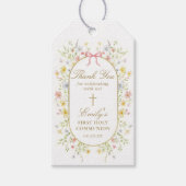 Watercolor Wildflowers Gold Cross First Communion ギフトタグ (正面)