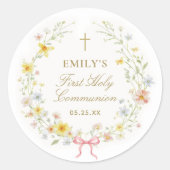 Watercolor Wildflowers Gold Cross First Communion ラウンドシール (正面)