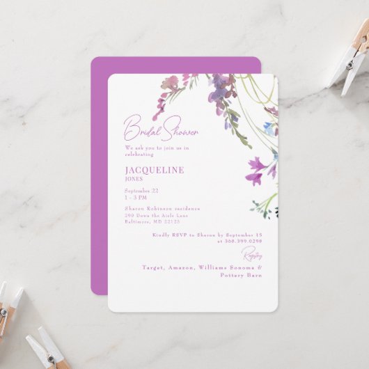Watercolor Wildflowers Lavender Bridal Shower 招待状 (正面/裏面インサイチュ)