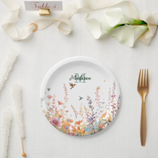 Watercolor Wildflowers Monogram Personalized Name ペーパープレート (ウェディング)