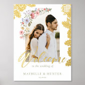 Watercolor Wildflowers Photo Wedding Welcome Lace 箔ポスター (正面)