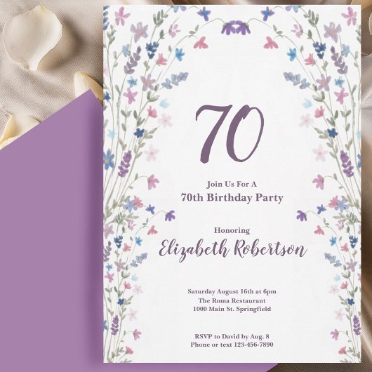 Watercolor Wildflowers Women's 70th Birthday  招待状