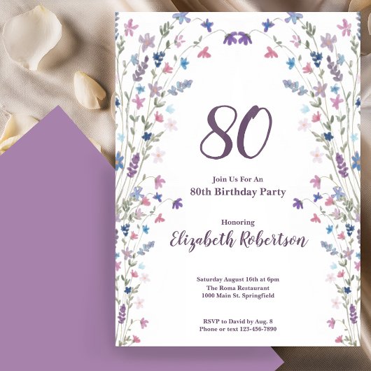 Watercolor Wildflowers Women's 80th Birthday  招待状