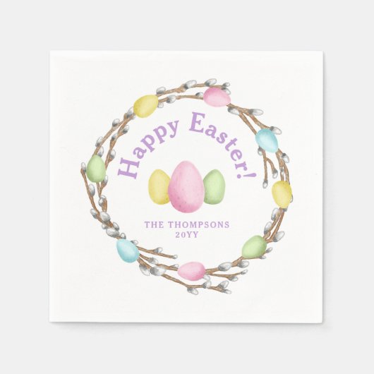 Watercolor Willow Wreath Pastel Happy Easter スタンダードカクテルナプキン (正面)