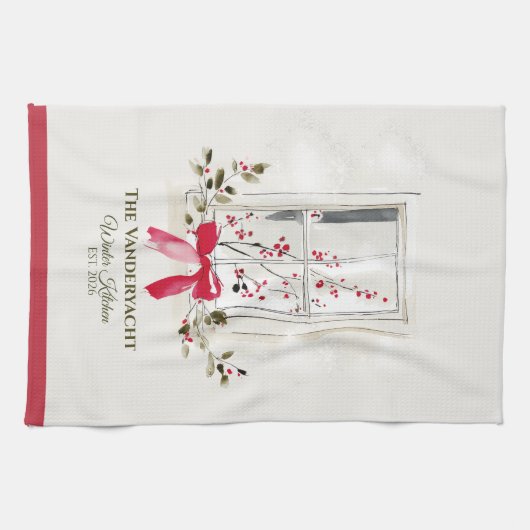 Watercolor Window & Berry Personalized キッチンタオル (横)