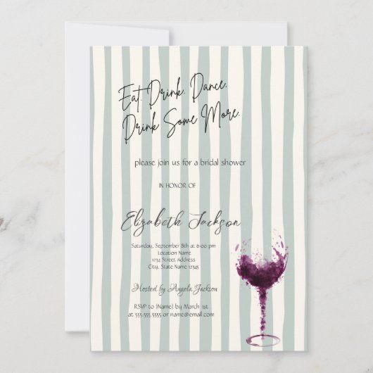 Watercolor Wine Glass Green Striped Bridal Shower 招待状 (正面)