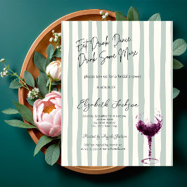 Watercolor Wine Glass Green Striped Bridal Shower 招待状