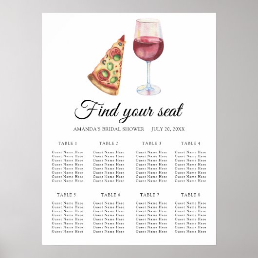 Watercolor Wine & Pizza Wedding seating chart ポスター (正面)