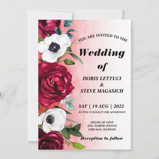 Watercolor Wine Red White Floral wedding  招待状 (正面)