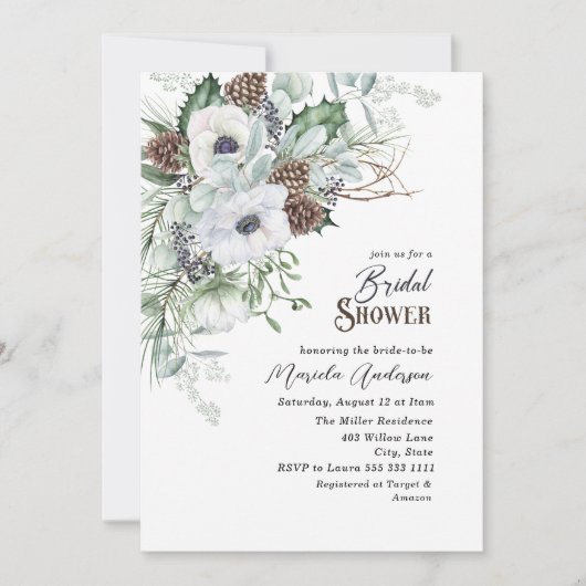  Watercolor Winter Anemones Flowers   Bridal Showe 招待状 (正面)