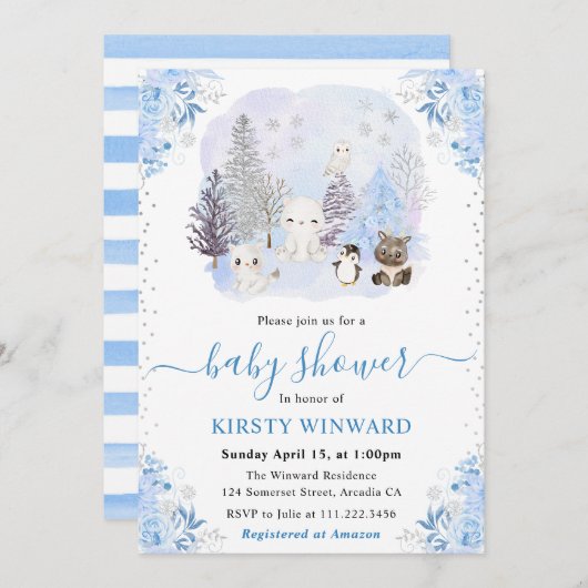 Watercolor Winter Arctic Animals Baby Shower 招待状 (正面/裏面)