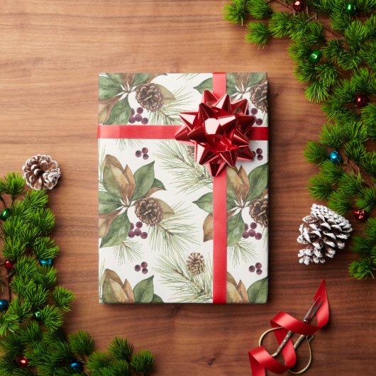 Watercolor Winter Botanical Pattern ラッピングペーパー (クリスマスギフト)