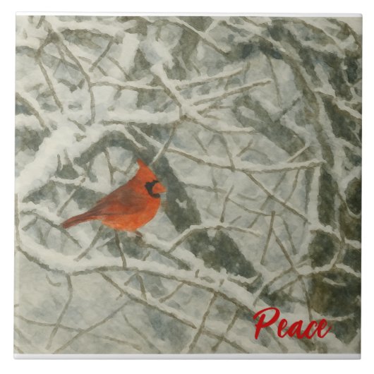 Watercolor Winter Cardinal Ceramic Tile タイル (正面)