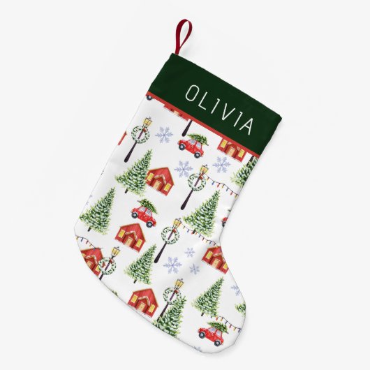 Watercolor Winter Christmas Tree Custom Name スモールクリスマスストッキング (正面 (吊り時))