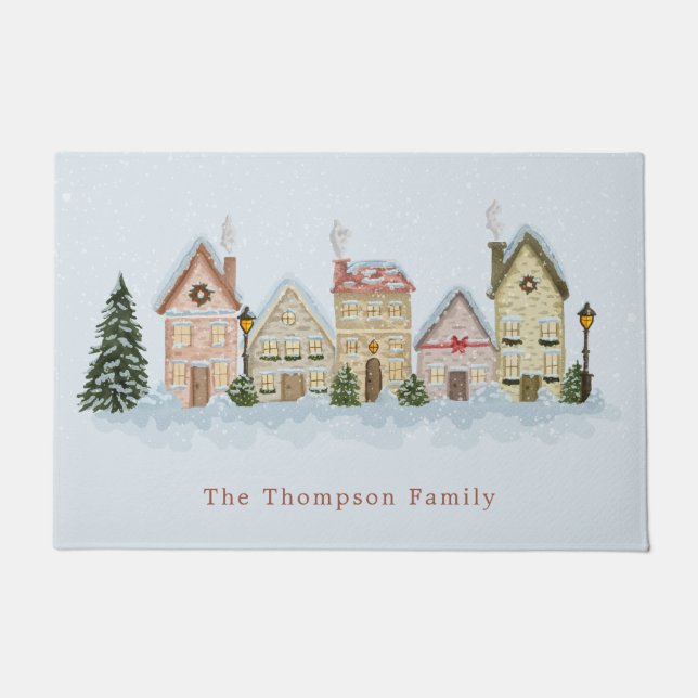 Watercolor Winter Christmas Village Family Name ドアマット (正面)