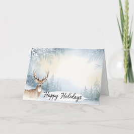 Watercolor Winter Deer Happy Holidays Card カード