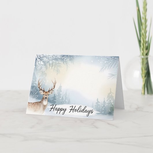 Watercolor Winter Deer Happy Holidays Card カード (正面)