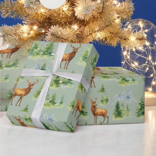 Watercolor Winter Forest - Deer and Snowy Trees -  ラッピングペーパー (クリスマス)