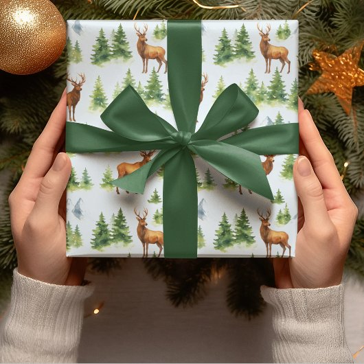 Watercolor Winter Forest - Deer and Snowy Trees -  ラッピングペーパー