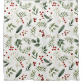 Watercolor Winter Greenery & Red Berry Botanical シャワーカーテン (正面)