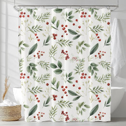 Watercolor Winter Greenery & Red Berry Botanical シャワーカーテン