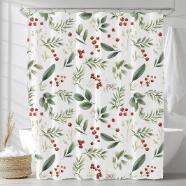 Watercolor Winter Greenery & Red Berry Botanical シャワーカーテン