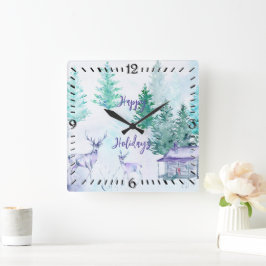 Watercolor Winter Landscape Happy Holidays スクエア壁時計