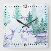 Watercolor Winter Landscape Happy Holidays スクエア壁時計 (正面)