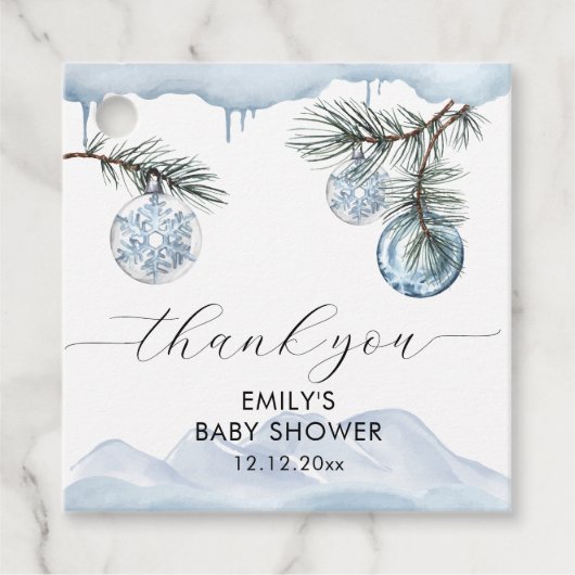 Watercolor Winter Mountain Snowflake Baby Shower フェイバータグ (正面)