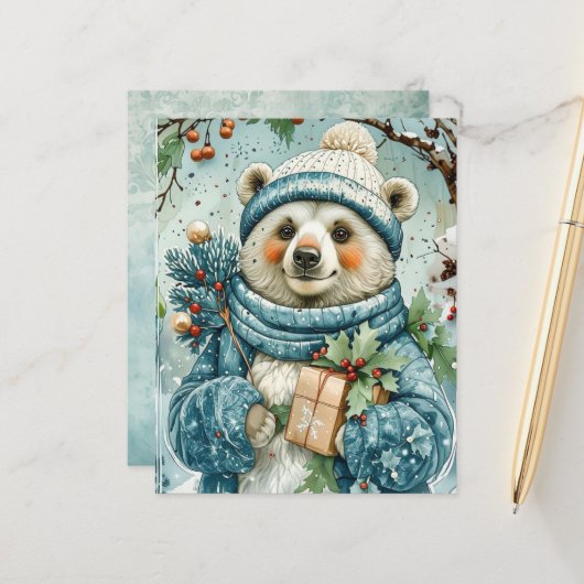 Watercolor Winter Polar Bear Scrapbook Paper (正面/裏面インサイチュ)