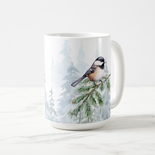 Watercolor Winter Spruce Tree Chickadee  コーヒーマグカップ (正面右)